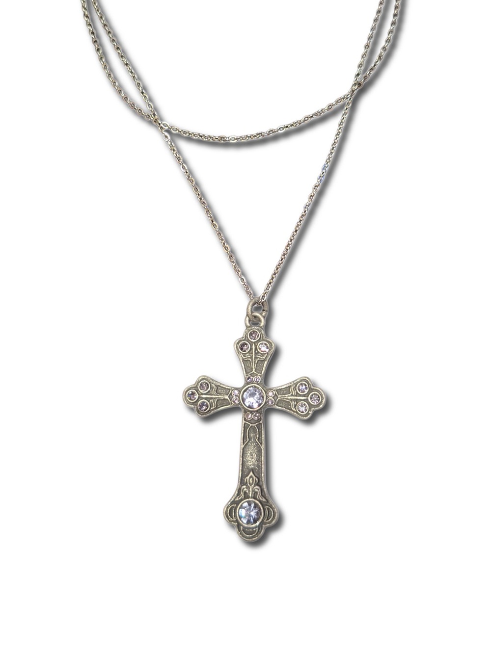 A Gothic Romance - Antique Silver Rhinestone Crucifix Double Layer Necklace